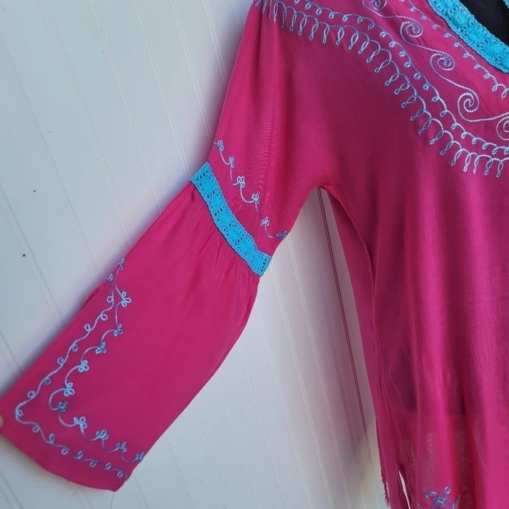 Blue Island Beach Hot Pink Blue Dress Swim Cover Up Tassel Pom Crochet Sz M